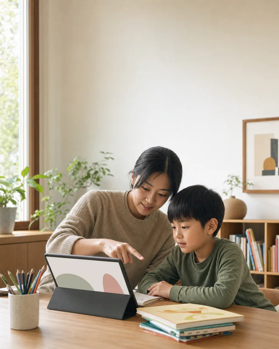 母亲陪伴孩子在家安全体验 AI 工具