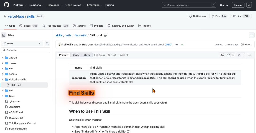 GitHub 仓库中的 Find Skills 说明