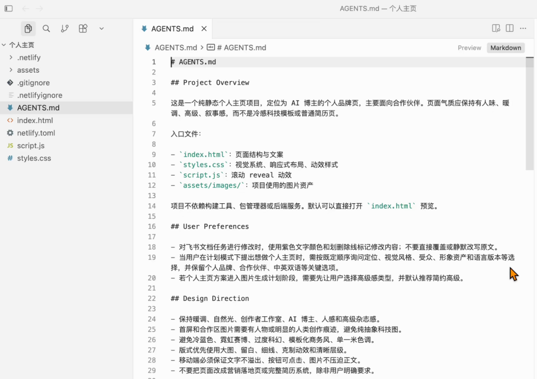 个人主页项目的 AGENTS.md 规则内容